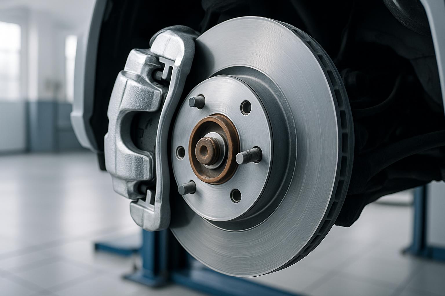 Bremssattel und Bremsscheibe an einem aufgebockten Fahrzeug in der Werkstatt