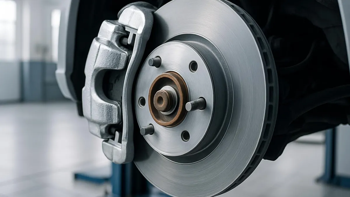 Bremssattel und Bremsscheibe an einem aufgebockten Fahrzeug in der Werkstatt