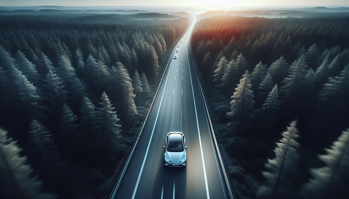 Sparsames Hybridauto auf einer deutschen Autobahn umgeben von Wäldern